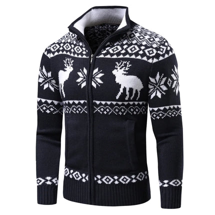 Heren Kersttrui Geometrisch Patroon | Festive Slim Fit Cardigan | Winter Gebreid Rits Vest | Oprolbare Kraag | Mix van Katoen Acryl Kasjmier | Lang Ritsontwerp | Ideaal als Cadeau voor Kerst | Stijlvolle Kerstkleding
