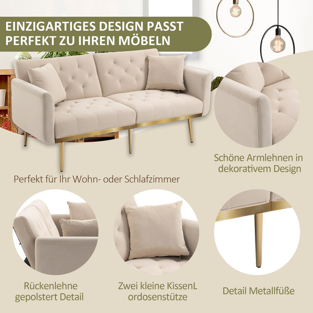 3-zitsbank van zacht fluweel, om te bouwen tot 3-standen slaapbank | Moderne Fluwelen Slaapbank 3-zitsverstelbaar met Gouden Metalen Poten | Ideaal voor Woon- en Slaapkamers | Compact en Ruimtebesparend Design