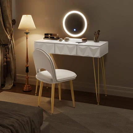 1SET Kaptafel Make-up Tafel Meisjes Vrouwen Kaptafel met 3-niveau LED Spiegel Fluwelen Stoel voor Slaapkamer Cadeau | Verstelbare LED Spiegel Meubelset Wit Goud MDF Hout Make-up Tafel met Lade