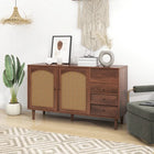 1.8m lang TV-meubel in donkere houtlook met twee rattan deuren, vier laden, kabelbeheer en hydraulische scharnieren – voor 80-inch | Donkerhouten TV-meubel 180cm | Rattan Deuren | 4 Laden | Tot 80