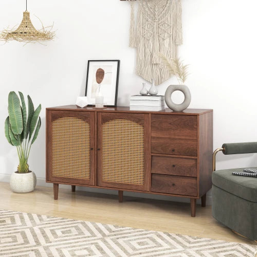 1.8m lang TV-meubel in donkere houtlook met twee rattan deuren, vier laden, kabelbeheer en hydraulische scharnieren – voor 80-inch | Donkerhouten TV-meubel 180cm | Rattan Deuren | 4 Laden | Tot 80" TV