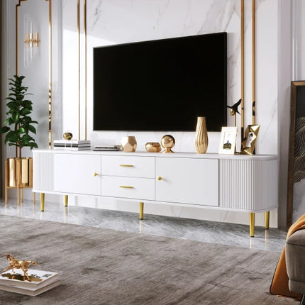 TV kast / Salontafel met lades, afgeronde hoeken, woonkamer TV kast met gegolfde zijkanten, gouden handvatten en poten | Moderne witte TV-kast met lades en gouden details 170cm | Scandinavisch design MDFmeubel met veel opbergruimte