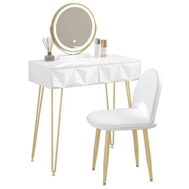 1SET Kaptafel Make-up Tafel Meisjes Vrouwen Kaptafel met 3-niveau LED Spiegel Fluwelen Stoel voor Slaapkamer Cadeau | Verstelbare LED Spiegel Meubelset Wit Goud MDF Hout Make-up Tafel met Lade