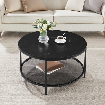 VASAGLE salontafel woonkamer tafeltje met glazen blad | Salontafel zwart marmerlook glas | Moderne en stevige bijzettafel woonkamer | Verstelbare voetjes en extra opbergruimte | Ø 80 cm