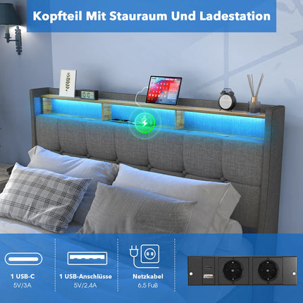 Gestoffeerd Tweepersoonsbedframe met Opslag, Ottoman Bed met Hydrauliek en LED-Licht, Tweepersoons Bedframe voor Volwassenen en Tieners | Scandinavisch Design Bedframe | Met Opslag | LED Verlichting | Moderne Stijl | Grijs 140/160x200 cm