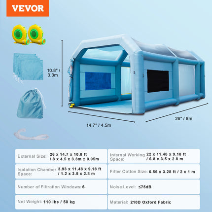 Opblaasbare Spuitcabine met Blazers | SucceBuy Professionele Opblaasbare Spuitcabine | Grote Tent voor Autospuitwerk | 210D Oxford Stof | Met Filter- en Ventilatiesysteem | Gemakkelijk op te zetten en op te bergen