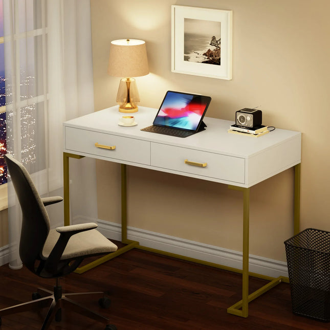Tribesigns Kaptafel met 2 Lades, Wit en Goud Klein Kaptafel, Moderne Kaptafel Cadeau voor Vrouwen Meisjes | Tribesigns Kaptafel Hout Wit Goud | Kaptafel 2 Lades | Make-uptafel Stijlvol en Functioneel | Tribesigns