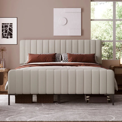 Gestoffeerd bed Tweepersoonsbed, bedframe met lattenbodem en verstelbaar hoofdbord, gewatteerd bed in grijs-beige | Tweepersoons gestoffeerd bed 160x200 cm | Verstelbaar hoofdbord | Opslagruimte | Stevig metalen poten | Stabiele nachtrust