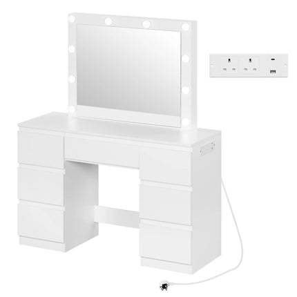 WOLTU Kaptafel Make-up met LED-verlichting en Oplaadstopcontact | Moderne Witte Kaptafel 7 Laden | MDF Hout | Grote Spiegel 64x57cm | USB-poorten en Stopcontacten  | Brede Blad met Veel Opbergruimte