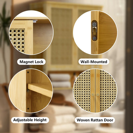 Solid houten bamboe badkamer wandkast boven toilet keuken woonkamer opbergkast met 3 planken medicijnkast 2-deur | Bamboe wandkast badkamer met 2 deuren | Eco-vriendelijke opbergruimte | 3 plank lagen
