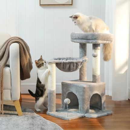 2 in 1 Kattenboom voor Binnen Kleine Kattentoren met Sisal Krabpaal Gezellige Condo Hangmat Kattenbed Huis Kattenaccessoires Katspeelgoed | PEQULTI Kattenboom Binnen | Krabpaal | Kattenhuis met Hangmat | Grijs/Beige
