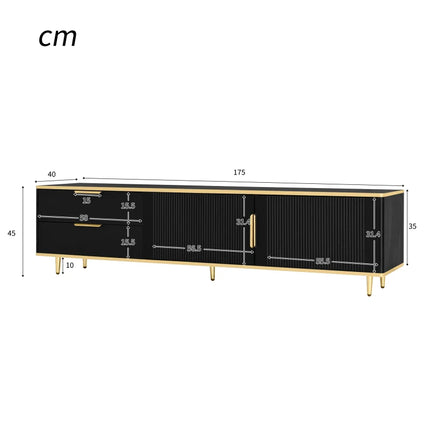 Tv-kast, laag plateau met gesneden textuur, gouden handgrepen en poten, woonkamercabinet met marmerstructuur, Wit/Zwart. | Moderne TV-meubel met gouden accenten | Scandinavisch design