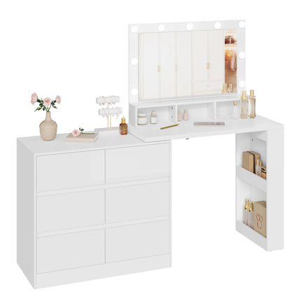 WOLTU Makeup-kaptafel met verstelbare LED verlichting dressoir en 6 ladekast flexibele montage | WOLTU Speeltafel met Verstelbare LED Spiegel | Houten Kaptafel met 6 Laden | Moderne Stijl | Hoekopstelling Mogelijk | 90x40x134.5 cm