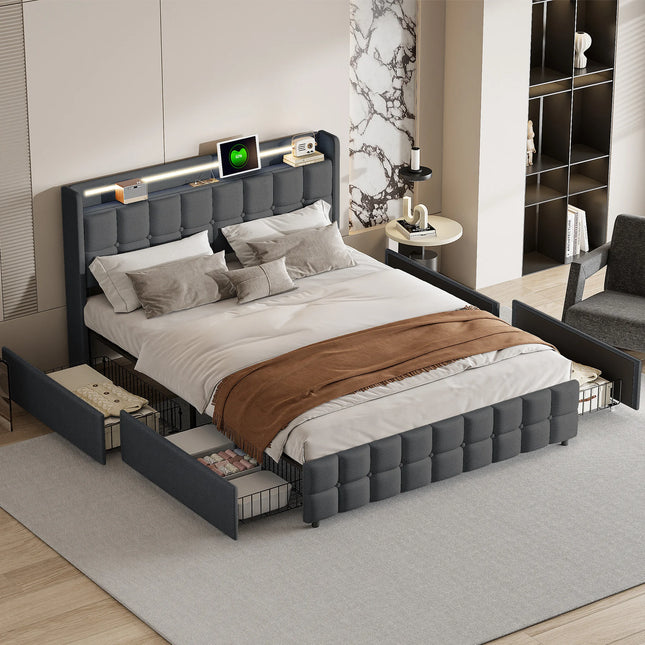 160 x 200cm Gestoffeerd Tweepersoonsbed met 4-laden, LED Hoofdbord met USB Oplaadpoort, Linnen Bedframe, zonder Matras, Grijs | Comfortabel Bedframe 160x200cm Grijs | Gestoffeerd | 4 Lade Opbergruimte | LED Hoofdbord met USB