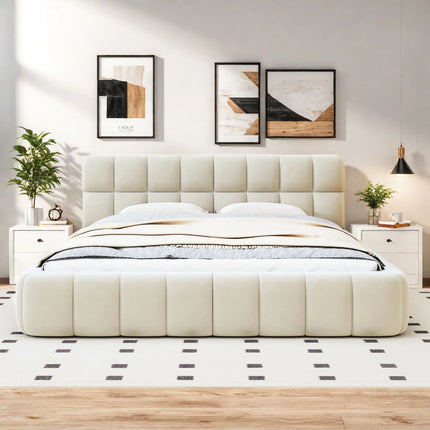 Gestoffeerd Bubble Bed 140x200 cm, Tweepersoonsbed met Opbergruimte, Jeugdbed met Lattenbodem en Hoofdbord, Linnen, Zonder Matras | Gestoffeerd Tweepersoonsbed 140x200 cm Beige | Moderne Bedframe met Opberglades en Hoofdbord