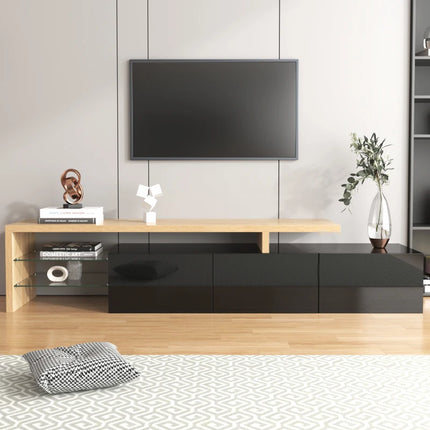 Modern TV kastontwerp: Stijlvolle elegantie, praktische opbergruimte, hoogglans zwart, houtlook, glazen planken, LED-verlichting | Hoogglans TV kast zwart hout | Modern ontwerp | Stijlvolle glazen planken | LED-verlichting | Ruime opslag | 197.5 cm breed