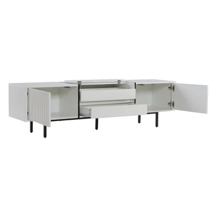 TV-kast met uittrekbare lades voor projector, laag bord met bergruimte en kleurblokontwerp, 163×40×45 cm | Moderne TV-kast hout 163cm met opbergruimte | Kleurblok zwart-wit design | Assembleerbaar meubelsystem | Hoge kwaliteit 45cm hoogte