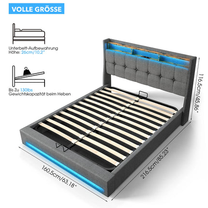 Gestoffeerd Tweepersoonsbedframe met Opslag, Ottoman Bed met Hydrauliek en LED-Licht, Tweepersoons Bedframe voor Volwassenen en Tieners | Scandinavisch Design Bedframe | Met Opslag | LED Verlichting | Moderne Stijl | Grijs 140/160x200 cm