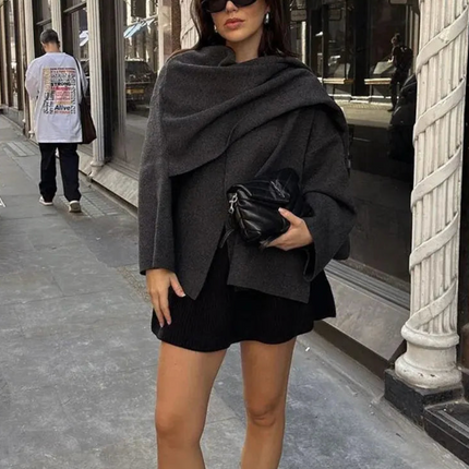 Oversized Winterjas Dames | Modieuze Asymmetrische Sjaalkraag | Enkelvoudige Knoopsluiting | Warme Dikke Polyester Stof | Comfortabel Stijlvol Herfst Winter Bovenkleding