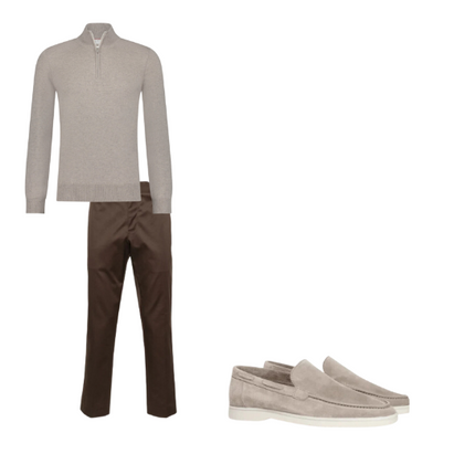Heren Outfit | Nette Broek Katoen Slanke Pasvorm | Merinowol Half-Zip Trui | Suède Loafers | Ademende Stijlvolle Combinatie