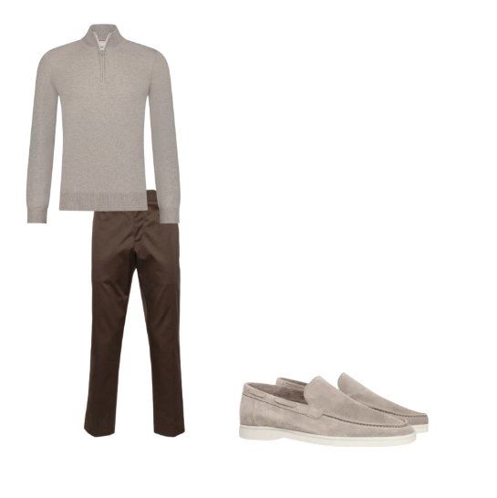 Heren Outfit | Nette Broek Katoen Slanke Pasvorm | Merinowol Half-Zip Trui | Suède Loafers | Ademende Stijlvolle Combinatie