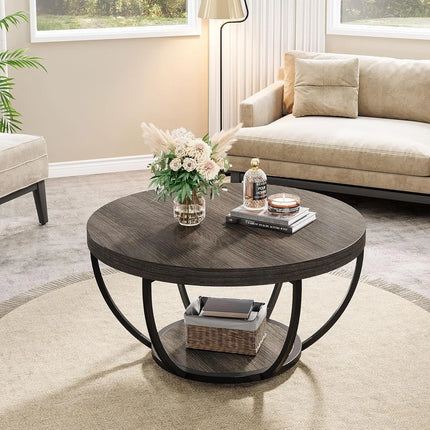 Ronde Salontafel, 80,5 cm Houten 2-laags Salontafel met Opbergrekken, Cocktailtafel Centertafel voor Woonkamer, Grijs | Ronde Woonkamertafel Met Opslag | Industrieel Design | Grijze Houtlook | 2 Niveaus