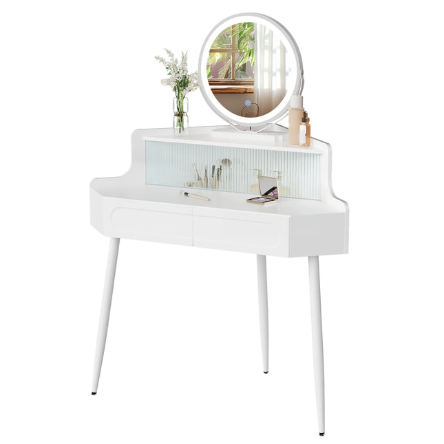 WOLTU Dressoir Kaptafel Wit Hoek Make-uptafel met Spiegel Verlichting | WOLTU Hoek Kaptafel Wit Spiegel Verstelbare Helderheid | Houten Make-uptafel Slaapkamer | Ruimtebesparend | Grote Opbergcapaciteit