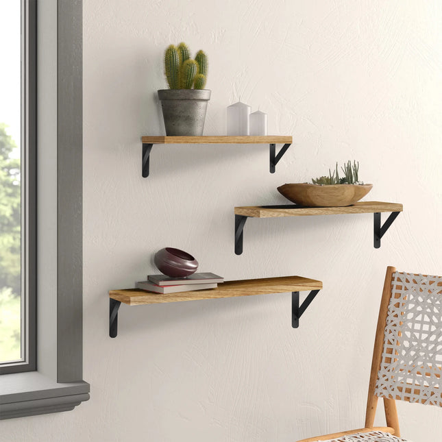 DayPlus Drijvende Planken 3 Stuks Wandplank Hout en Metaal, Wandplanken voor Opslag, Rustieke Metalen Draad, voor Thuis, Kantoor | Set van 3 Wandplanken Hout Metaal | Stevig & Decoratief | 14kg Draagvermogen