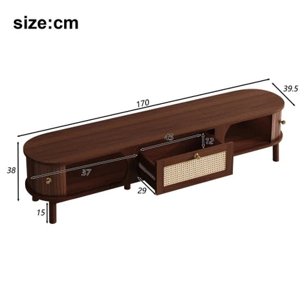 Walnoot Rotan Hangend Dressoir 170 L x 39,5 B x 38 H (cm), TV-meubel met natuurlijke houten deuren en rotan lades | Moderne TV kast hout rotan | Zwevend dressoir hangend | Natuurlijke walnoot en rotan details
