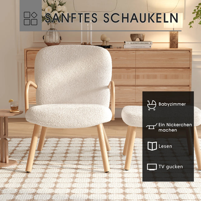 Beklede Fauteuil met Krukje, Cashmere Lounge Stoel met Houten Armleuningen en Poten, voor Slaapkamer Woonkamer Beige | Beige Cashmere Lounge Stoel met Kruk | Modern Fauteuil Houten Poten | Comfortabele Stoel Slaapkamer