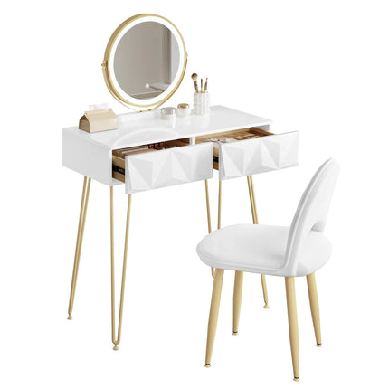 1SET Kaptafel Make-up Tafel Meisjes Vrouwen Kaptafel met 3-niveau LED Spiegel Fluwelen Stoel voor Slaapkamer Cadeau | Verstelbare LED Spiegel Meubelset Wit Goud MDF Hout Make-up Tafel met Lade