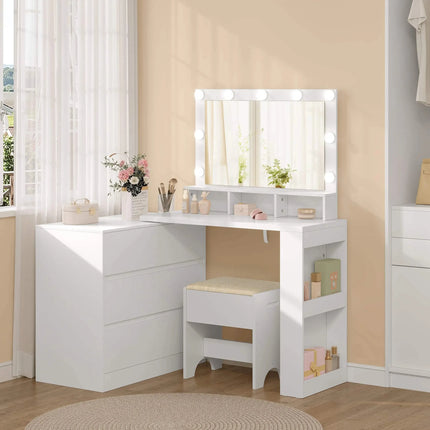 WOLTU Makeup-kaptafel met verstelbare LED verlichting dressoir en 6 ladekast flexibele montage | WOLTU Speeltafel met Verstelbare LED Spiegel | Houten Kaptafel met 6 Laden | Moderne Stijl | Hoekopstelling Mogelijk | 90x40x134.5 cm