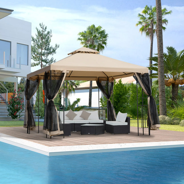 Outsunny tuinpaviljoen Paviljoentent Tuintent met 4 planken 3x3 m | Outsunny Luxe Tuinpaviljoen 3x3m | Waterafstotend Polyester | Sterk Poedergecoat Frame | 4 Gaaswanden | Metalen Plankrekken
