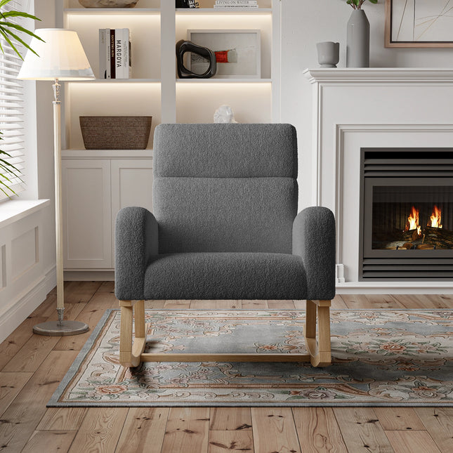 Schommelstoel,Comfortabele Relaxstoel,Comfy Hoge Rug Fauteuil met Zijvak,Houten Frame,voor Woonkamer Meubilair | Relaxfauteuil Modern Stijl Grijze Stof | Schommelstoel Woonkamermeubel Armleuningen