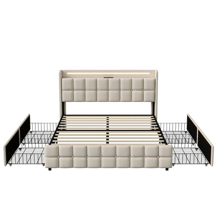 160 x 200cm Gestoffeerd Tweepersoonsbed met 4-laden, LED Hoofdbord met USB Oplaadpoort, Linnen Bedframe, zonder Matras, Grijs | Comfortabel Bedframe 160x200cm Grijs | Gestoffeerd | 4 Lade Opbergruimte | LED Hoofdbord met USB