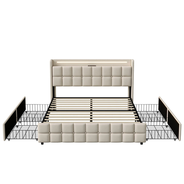 160 x 200cm Gestoffeerd Tweepersoonsbed met 4-laden, LED Hoofdbord met USB Oplaadpoort, Linnen Bedframe, zonder Matras, Grijs | Comfortabel Bedframe 160x200cm Grijs | Gestoffeerd | 4 Lade Opbergruimte | LED Hoofdbord met USB