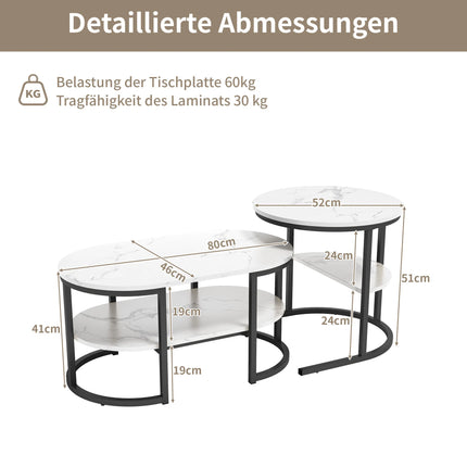 2-delige koffietafel met marmerstructuur voor woonkamer | Set van 2 ronde bijzettafels met marmerlook blad MDF 80x46 cm en 52x51 cm | Salontafels met opbergruimte | Goud- en zwartkleurig metalen frame
