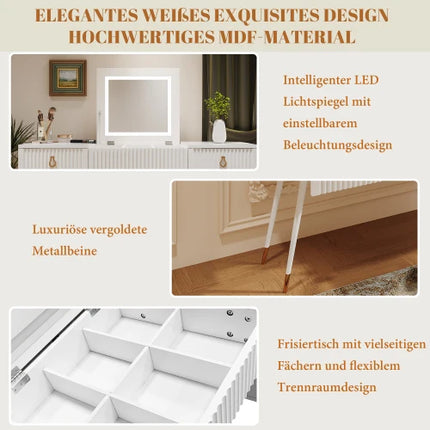 Wit kaptafel (zonder stoelen), Inclusief LED spiegel met verstelbare helderheid, meerdere opbergruimtes, 4-lades, bureau | Witte kaptafel met LED verlichte spiegel | 4 lades en veel opbergruimte | Gouden metalen poten