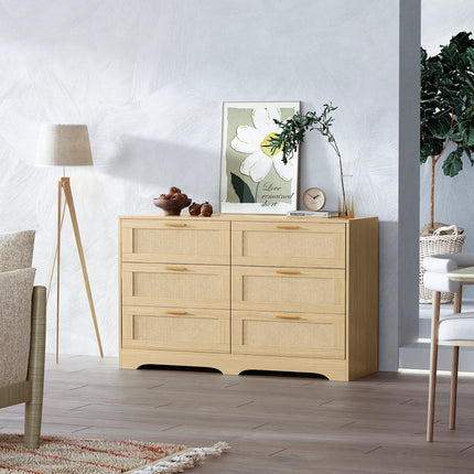 REDLIFE 47.24" Rattan Dresser met 6 Lades, Moderne Houten Kast met Gouden Handgrepen voor Slaapkamer Woonkamer Hal | REDLIFE Rotan Dressoir 120cm Breedte | Slaapkamer Woonkamer Opslag | Moderne Stijl MDF | 6 Lades Gouden Knoppen