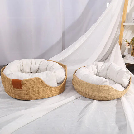 Bamboe Weven Kattenmand Sofa Huis - Milieuvriendelijke Warme Huisdierennest voor Binnenkatten | Handgemaakte Kattenmand | Eco Vriendelijk | Ademend en Comfortabel Kattenhuis | 100% Katoen | Duurzaam en Stijlvol