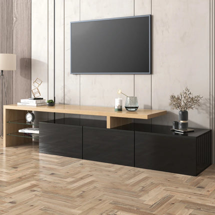 Modern TV kastontwerp: Stijlvolle elegantie, praktische opbergruimte, hoogglans zwart, houtlook, glazen planken, LED-verlichting | Hoogglans TV kast zwart hout | Modern ontwerp | Stijlvolle glazen planken | LED-verlichting | Ruime opslag | 197.5 cm breed
