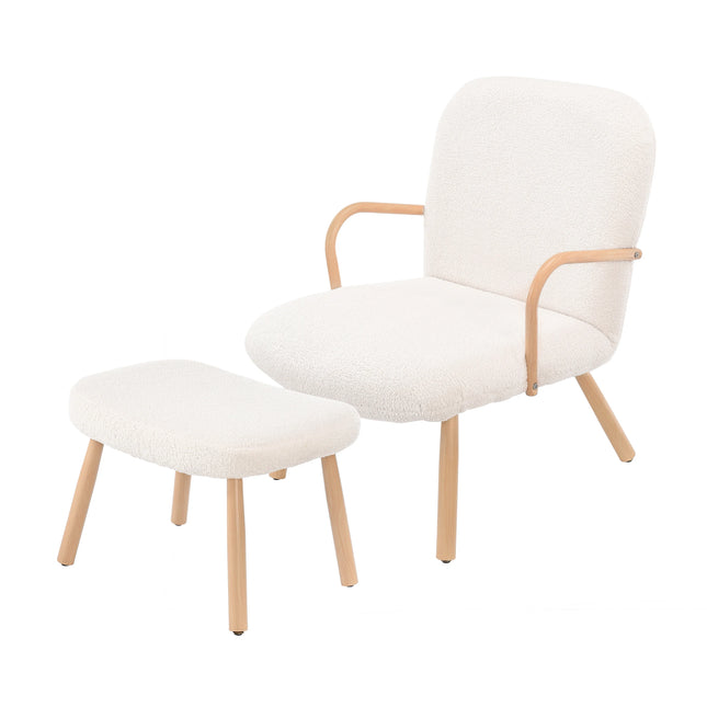 Beklede Fauteuil met Krukje, Cashmere Lounge Stoel met Houten Armleuningen en Poten, voor Slaapkamer Woonkamer Beige | Beige Cashmere Lounge Stoel met Kruk | Modern Fauteuil Houten Poten | Comfortabele Stoel Slaapkamer