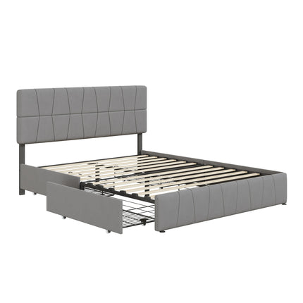 Gestoffeerd Bed 140 x 200 cm, Bed Met 4 Laden Aan Zijkant, Verstelbaar Hoog Hoofdeinde, Tweepersoonsbed, Zonder Matras, Velvet | Luxe Velvet Bed 140x200 cm Grijs | Tweepersoonsbed Met Opberglades | Verstelbaar Hoofdeinde