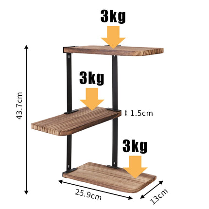 Lucca Hoekplank voor Opslag, Moderne Zwevende Wandplanken, Presentatierek, Verstelbaar Rek, 3-laags | Hoekplank Hout en Ijzer | Zwevend Wandrek | 3 Verstelbare Lagen | Opslag en Decoratie | Keuken, Woonkamer, Slaapkamer
