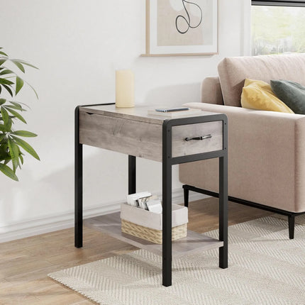 Nachtkastje met lade en plank | Smalle bijzettafel met opberglade en industrieel ontwerp | Retro stijl hout en metaal | Voor woonkamer of slaapkamer gebruik | Stabiel, stevig en eenvoudig te monteren