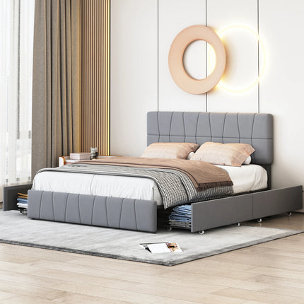 Gestoffeerd Bed 140 x 200 cm, Bed Met 4 Laden Aan Zijkant, Verstelbaar Hoog Hoofdeinde, Tweepersoonsbed, Zonder Matras, Velvet | Luxe Velvet Bed 140x200 cm Grijs | Tweepersoonsbed Met Opberglades | Verstelbaar Hoofdeinde