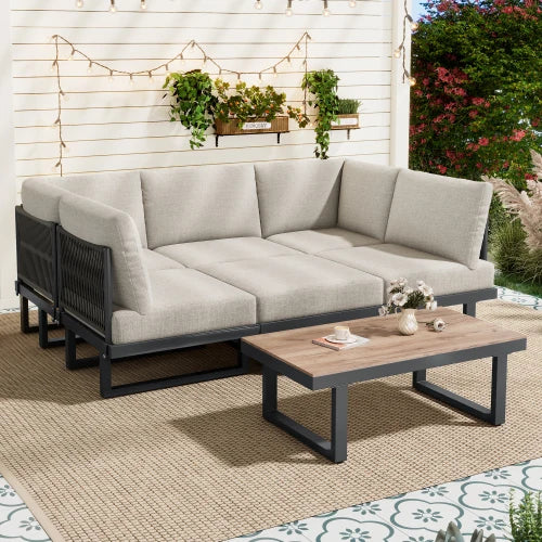 Tuinmeubelset, Tuinlounge Stoelset, Hoekbank, Buiten Relaxbed, Salontafel, Kan worden omgebouwd tot zonnebed, Grijs | Outdoor Meubelset Grijs | Modulaire Loungeset | Hoekbank met Tafel & Relaxbed Functie