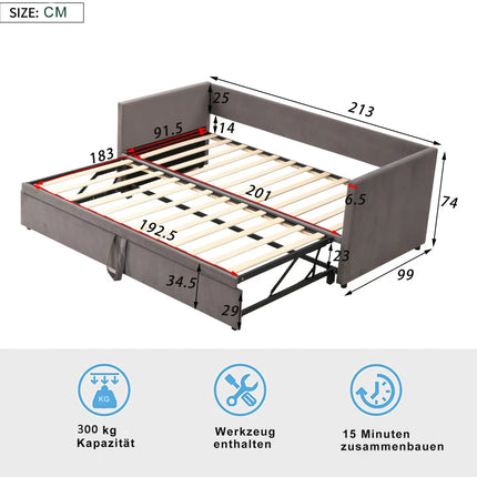 Uitschuifbare Slaapbank,Beklede Bed met lattenbodem 90(180)* 200cm,2-in-1 Multifunctionele Slaapbank,Zonder Matras | Moderne Fluwelen Uitschuifbare Slaapbank 90x200/180x200 cm | Lazyspace | Grijs/Beige