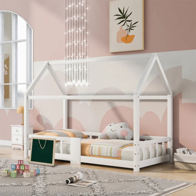 Kinderbed huisbed 90x200 cm houten bed voor kinderkamer incl. tafel lattenbodems valbescherming, dennen wit (zonder matras) | Kinderbed huisvorm 90x200 cm | Houten kinderbed dennenhout met valbescherming | Inclusief lattenbodems en tafel | Wit