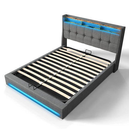Gestoffeerd Tweepersoonsbedframe met Opslag, Ottoman Bed met Hydrauliek en LED-Licht, Tweepersoons Bedframe voor Volwassenen en Tieners | Scandinavisch Design Bedframe | Met Opslag | LED Verlichting | Moderne Stijl | Grijs 140/160x200 cm